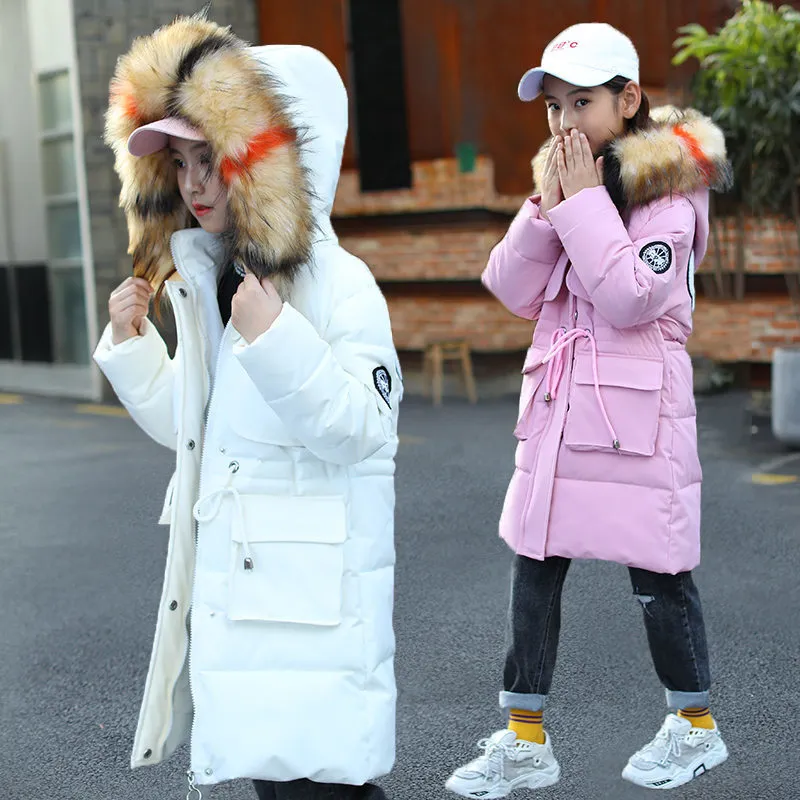 Teenager Girl Wintermantel mit Pelzhaube für Kinder Langer Winter gesteppte Pufferjacke mit Pelzhaube Außenbekleidung 4 5 7 9 11 13 Jahre LJ201120