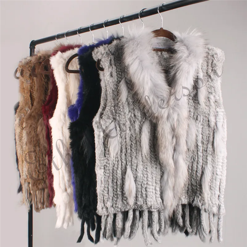 ETHEL ANDERSON Genuine Women's Rabbit Fur Vest Gilet Tassels Real Fur Coat Kintted Waistcoat Raccoon Fur Collar Outwear 201031