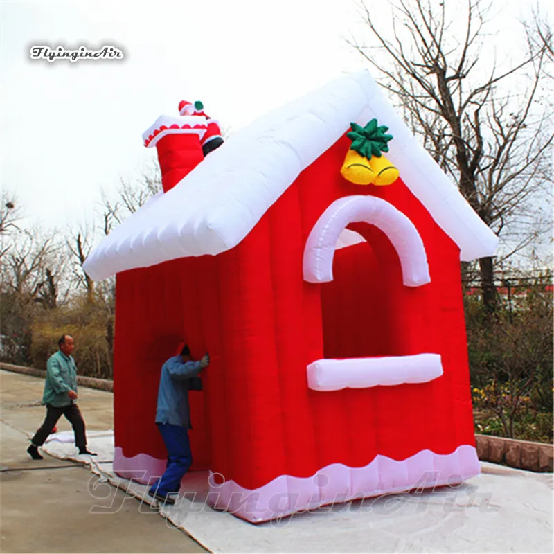 Festive Christmas Inflatable Village Cottage 4m Red Air Blown House Giant Tent With Santa On The Roof For Christmas Decoration