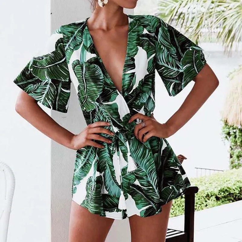 2019 Summer Jumpsuit Jupe Femmes Combishort Deep V-cou Jumpsuit Court Dames Imprimer À Manches Courtes Feuilles Combinaisons Courtes Pour Les Femmes T200704