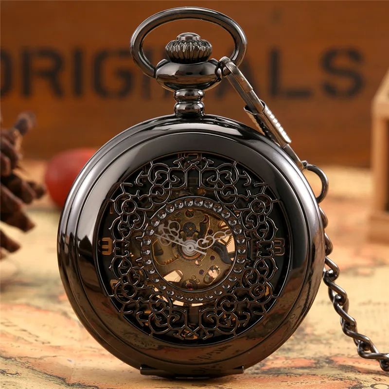 Orologio da taschino classico argento / nero Uomo Donna Orologi meccanici a carica manuale Scava fuori la cassa del fiore con catena pendente reloj de bolsillo