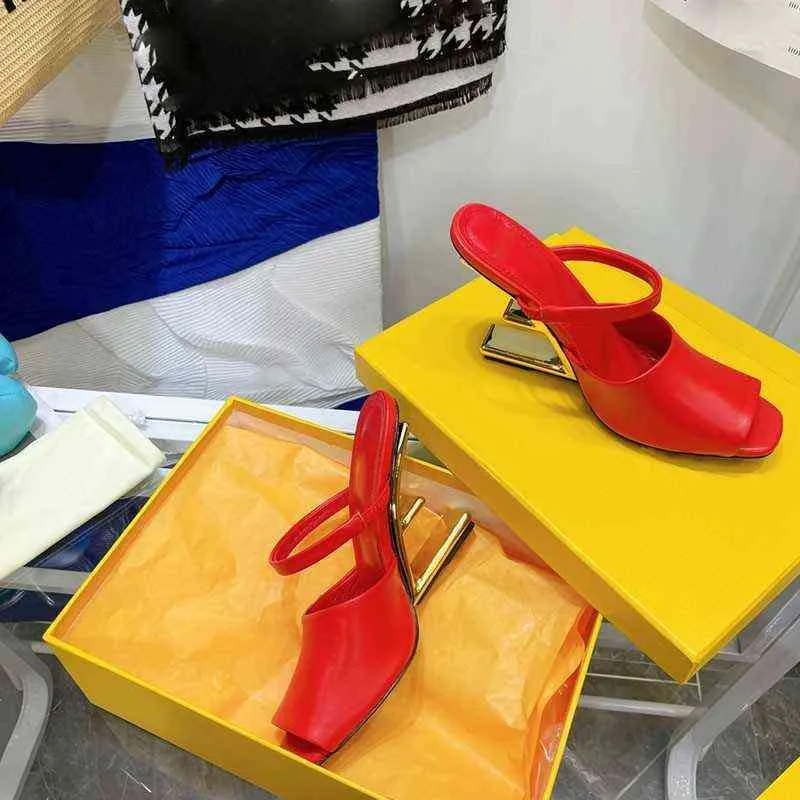 2022 new net red one letter metal heel high-heeled special-shaped fish mouth sandals Baotou slippers women`s shoes