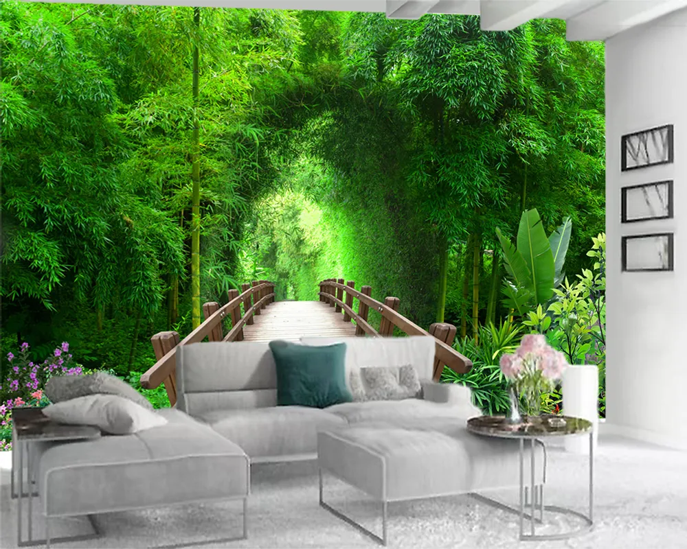 Custom Photo Wallpaper Wood Arch Bridge with Beautiful Scenery of Verdant Bamboo Forest Romantic Scenery Decorative Silk 3d Mural Wallpaper