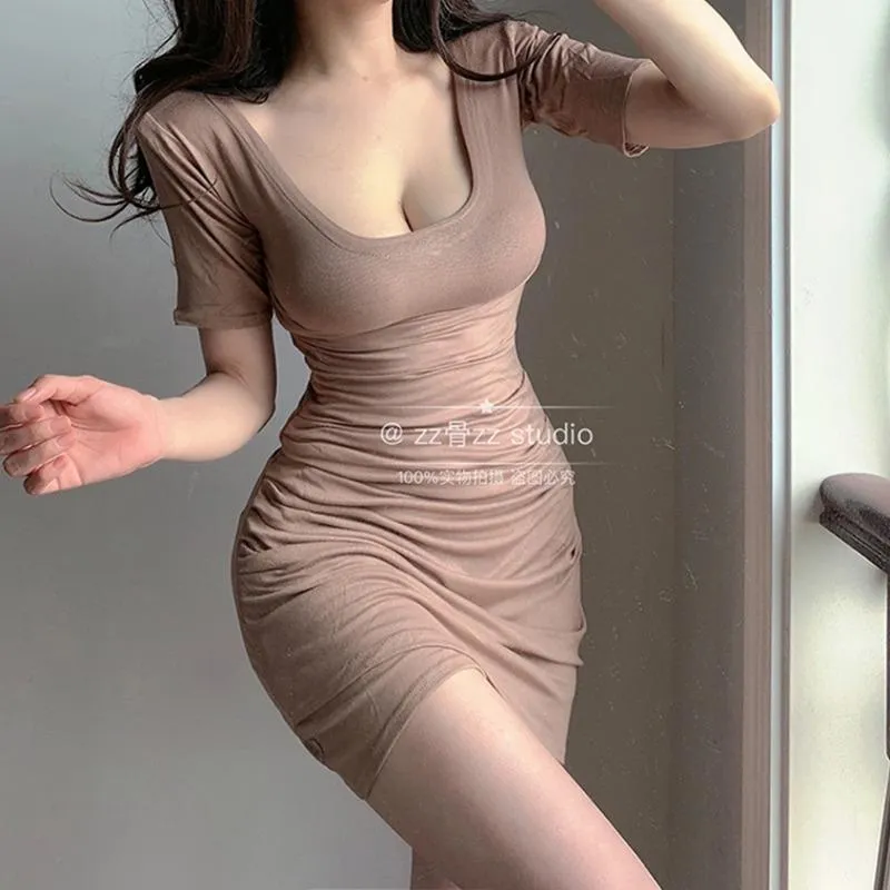 Casual Dresses Womengaga Höst Elegant US O Neck Sexig Oregelbundna Fällor Skinny Hip Solid Office Lady T Shrit Mini Dress Koreanska Kvinnor FZJ3