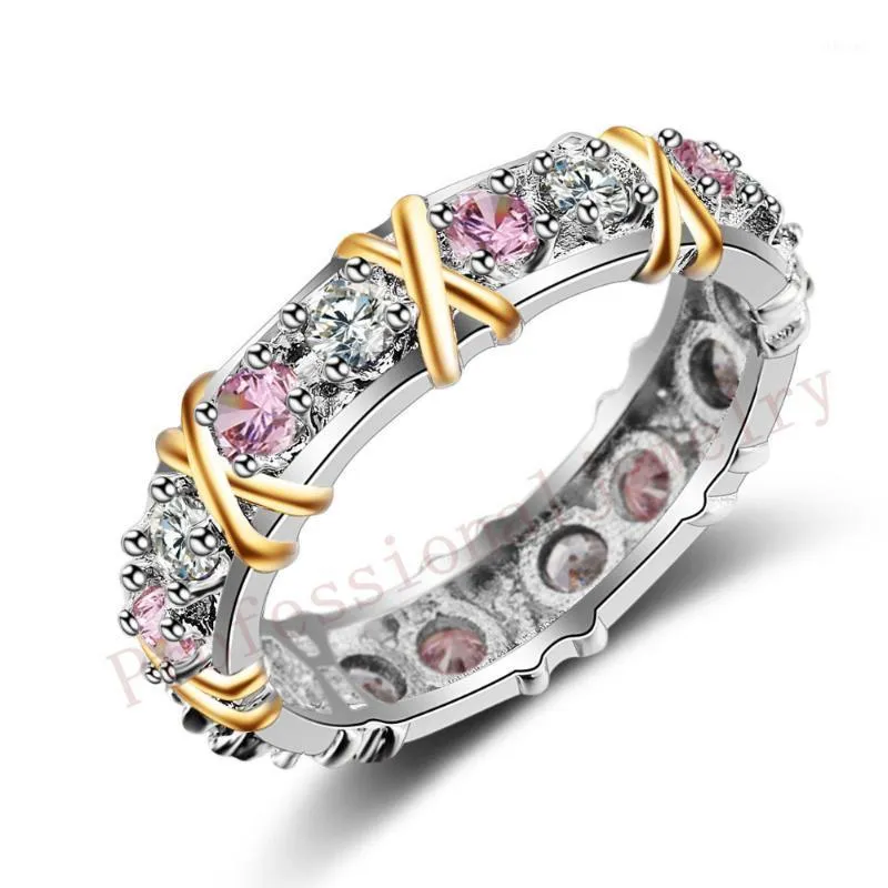 Кластерные кольца Размер 5-11 Ювелирные изделия ручной работы Наложение 925 Стерлингового Серебра Розовые CZ Камни Свадебная Золотая группа для женщин Подарок1