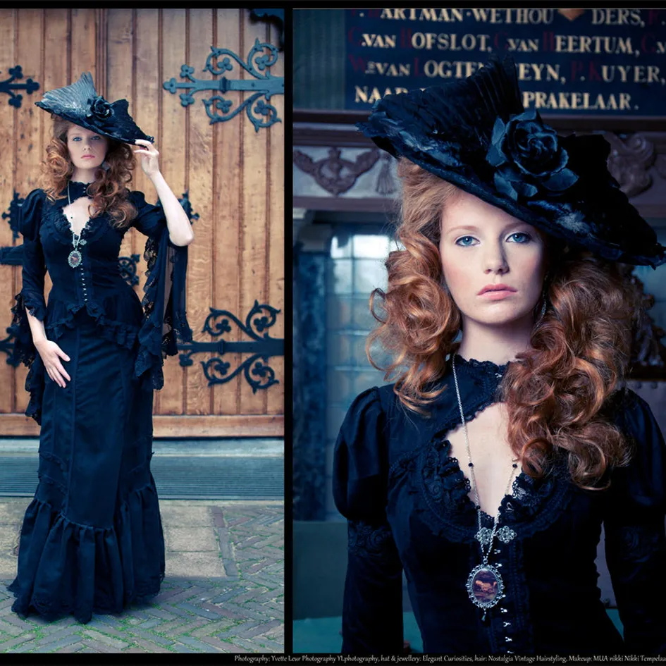 Vintage svart långärmad sjöjungfrun kväll klänningar medeltida viktorianska kvinnor formella klänningar golv längd v nacke speciella tillfällen klänningar
