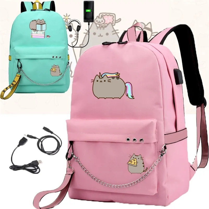 IMIDO Cute Fat Cat Backpacks for Girls Back to School Shoulders Backpack Usb Charging Canvas Travel Bag Teenagers Laptop Bags LJ201225