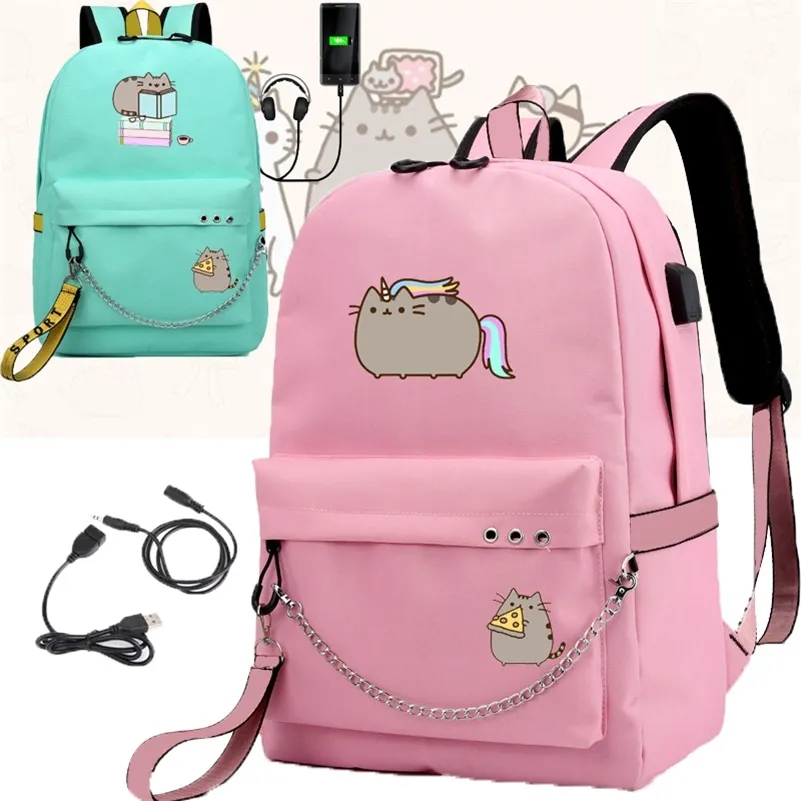 IMIDO Cute Fat Cat Sacs à dos pour les filles Retour à l'école Épaules Sac à dos Usb Charge Toile Sac de voyage Adolescents Sacs pour ordinateur portable LJ201225