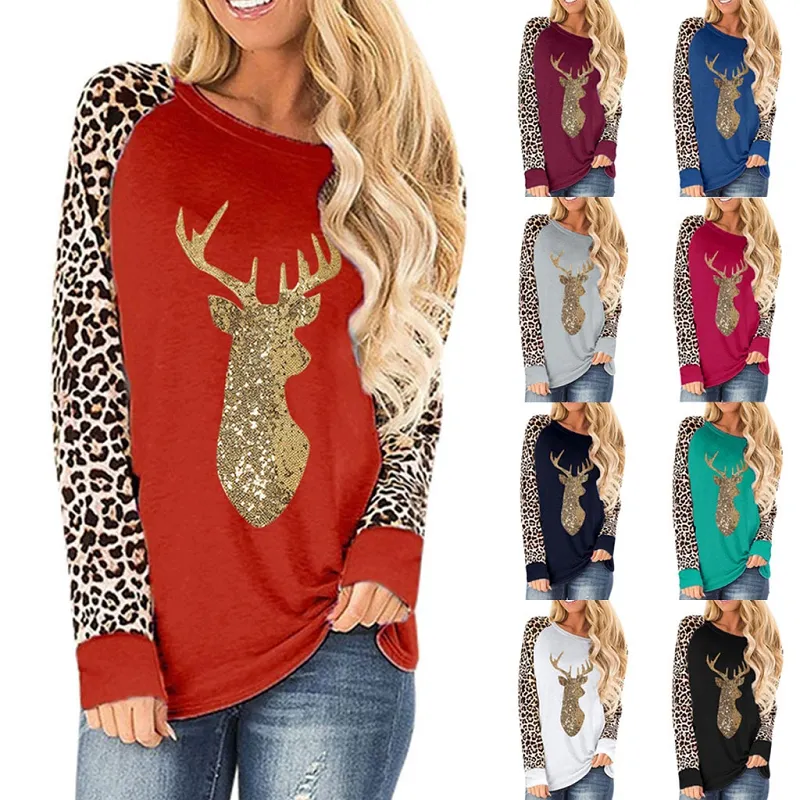 Плюс размер женщины свитер рождественские оленя блестение леопарда лоскутное покрытие круглые шеи с длинным рукавом футболка 2020 осень зимняя одежда M3001