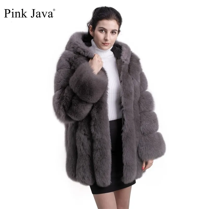 pink java QC8149 new model women real fox fur coat long sleeves hood coat gebuine fox outfit high quality 201212