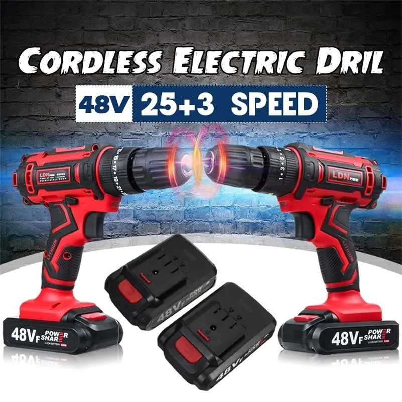 48V Cordless Impact Drill Electric Screwdriver Mini Wireless Power Driver 25 + 3 Moment Inställningar med 2st Lithium-ion Batteri 201225