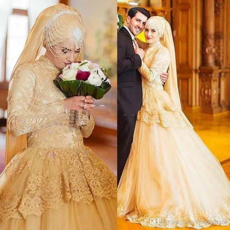 Modesto hijab vestidos de casamento de ouro muçulmano uma linha alto pescoço mangas compridas apliques lace beads cristais retro trem árabe vestidos nupciais islâmicos