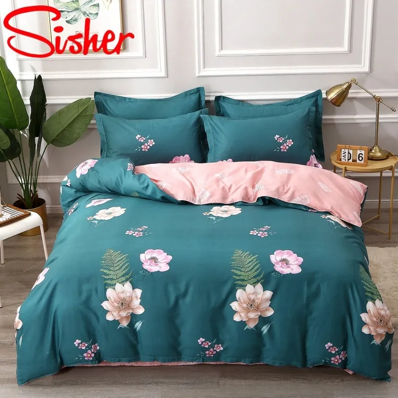 100% Cotton Pastoral Flower Printed 4pcs Bedding Sets Plaid Stripe King Size Duvet Cover Set Single Double Queen Soft Bed Sheets 201120