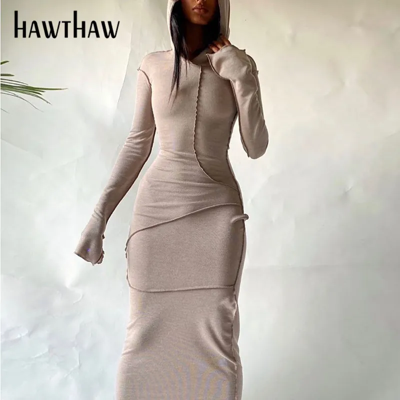 Hawthaw أزياء المرأة الخريف الشتاء طويلة الأكمام المرقعة bodycon soild اللون الإناث قلم رصاص اللباس 2021 الخريف الملابس الشارع الشهير Y0118
