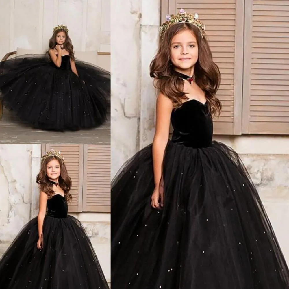 Svart Velour Girls Pageant Flower Girls Dresses Barn Formell Slitage Födelsedag Jul Bröllopsfest Evenemang Sweetheart Tulle Kjol