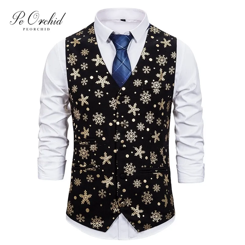 PEORCHID Gold Black Nouvel An Costume de Noël Gilet Hommes Gilet Pailletes Flocon de neige Floral Casual Hommes Gilet Robe de bal 201106