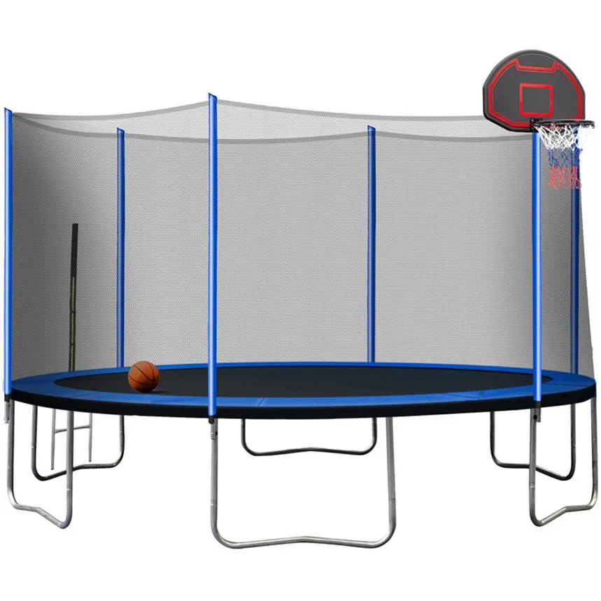 14FT pulverlackerad avancerad trampolin med basketbollsupptagare och stege (yttre säkerhetshölje) Blå A14