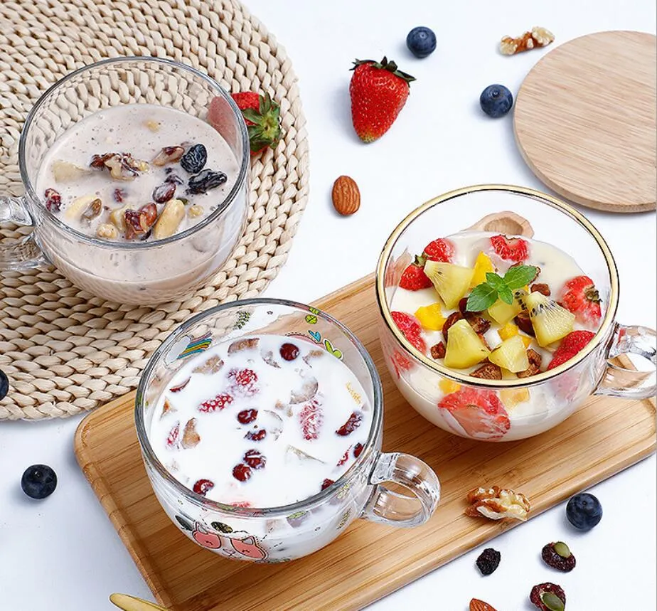 Gobelets de lait de petit déjeuner en verre transparent avec tasse à café simple forme de ventre de crème glacée ménage tasses à salade logo personnalisé