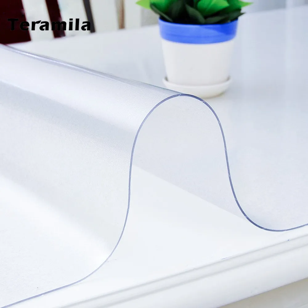 Teramila Transparent 1.5mm Soft Glass Table Cloth Waterproof Oilproof PVC Tablecloth Kitchen Dining Rectangular Table Cover Mat T200707