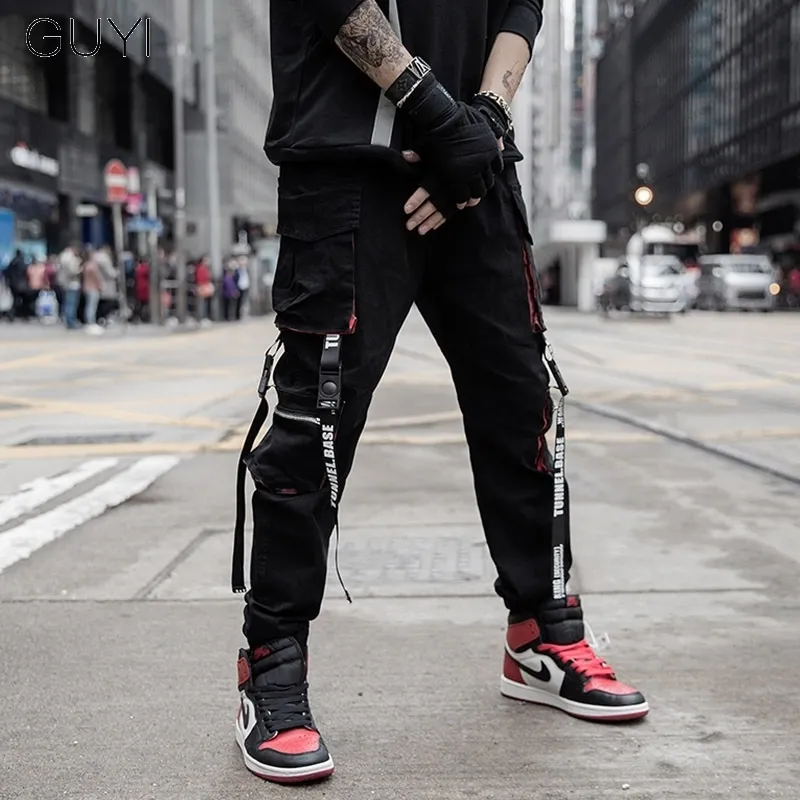 Mens Hip Hop Cargo Pants With Letter Ribbons Hit Color Pocket