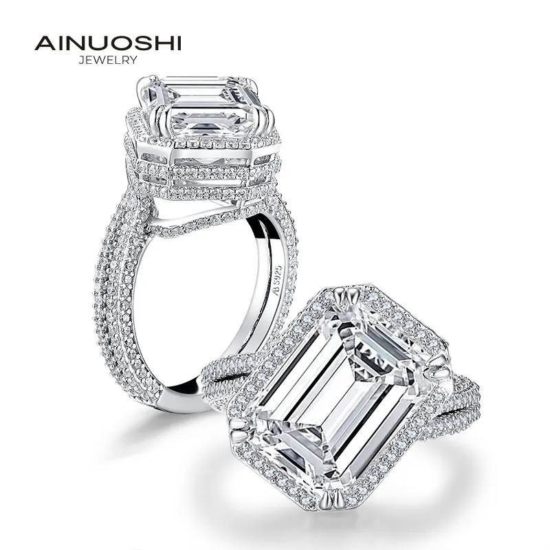 Ainuoshi Big 6ct Emerald Cut Halo Cut Ring محاكاة مشاركة الماس الزفاف الفضية الفضية الخاتم الأنيقة للنساء Y200106