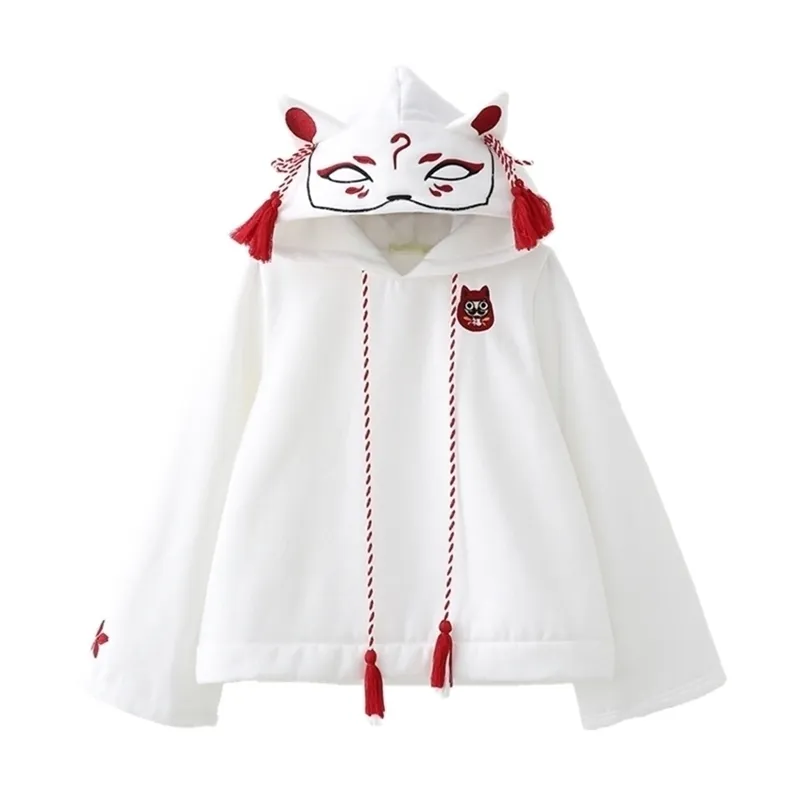 Japanese Retro 3D Fox Ear Embroidery Hoodie Cartoon Anime Girls Kawaii Hooded Pullover Hoodies Sweatshirt Harajuku Coat 201217