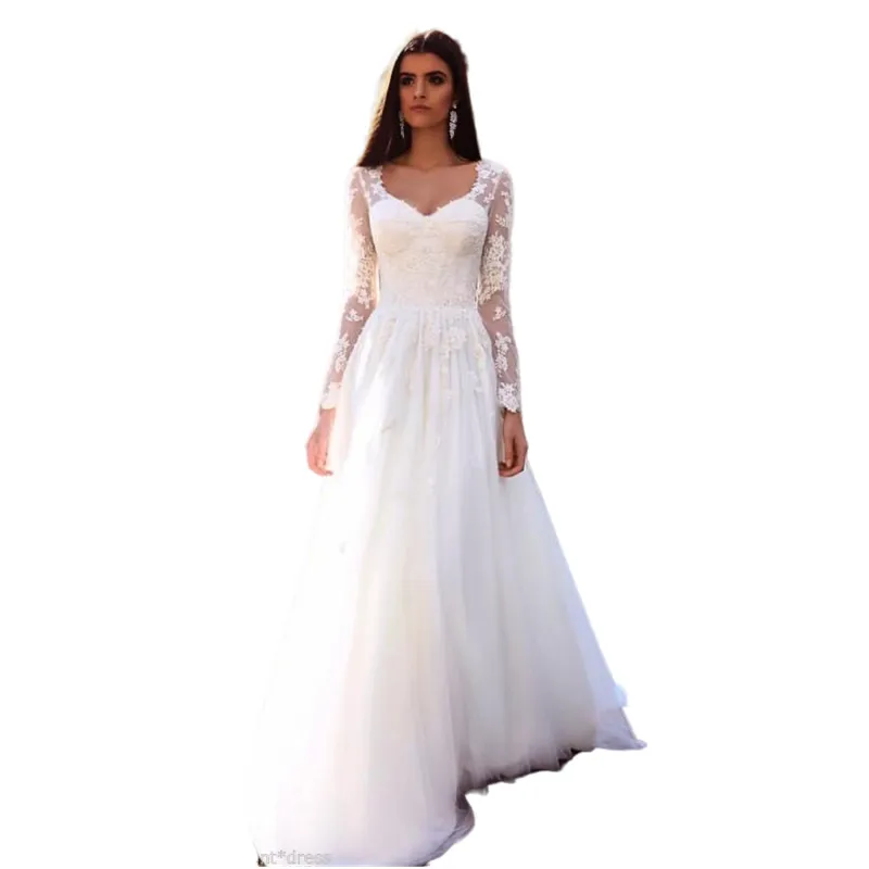 Boho Beach wedding attendee dress - Romantic A-Line with Long Sleeves,  Appliques, Lace, and Tulle - Flowy Bridal Gown for Summer Weddings - 2022  Collection