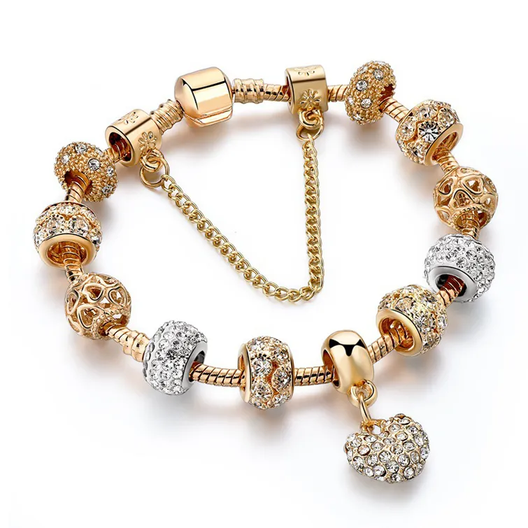 Bracelets à breloques en forme de cœur en cristal de luxe, bracelets en or pour femmes, bijoux Pulseira Feminina