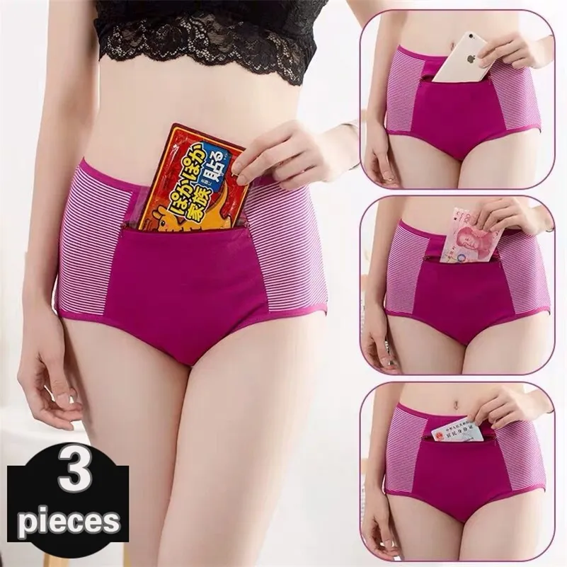 Sexy Cotton Panty Set Of 3 For Women With Pocket Zipper, Mid Waist