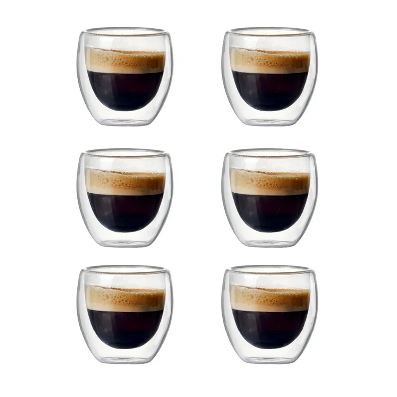Pmueuff 6 Pièces Tasse a Cafe, Verre Double Paroi 80ML, Tasses à Expresso à Double Paroi isotherme, Tasse Expresso, Tasse à café Exquise, Tasse Cafe pour Café Latte Cappuccino Thé Américain