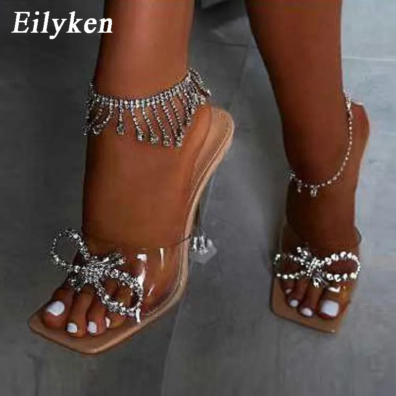 Eillken женщины тапочки 2021 прозрачные высокие каблуки сексуальные квадратные пальмы мода горный хрусталь бабочка свадебная вечеринка для леди x1020