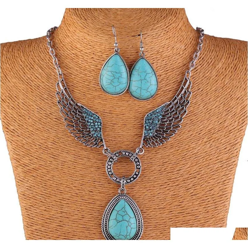 fashion vintage necklace set antique silver turquoise jewelry set dangle earrings classic pendant design fine jewelry sets