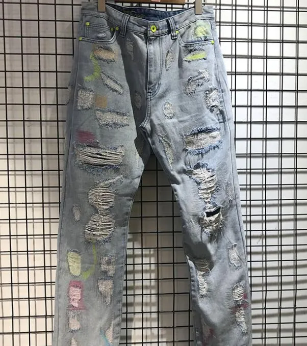 Haute Streetwear sans fin dommage trou Jean hommes femmes haute qualité bouton en métal fermeture éclair Denim pantalon sans fin lettre 3D impression Jean