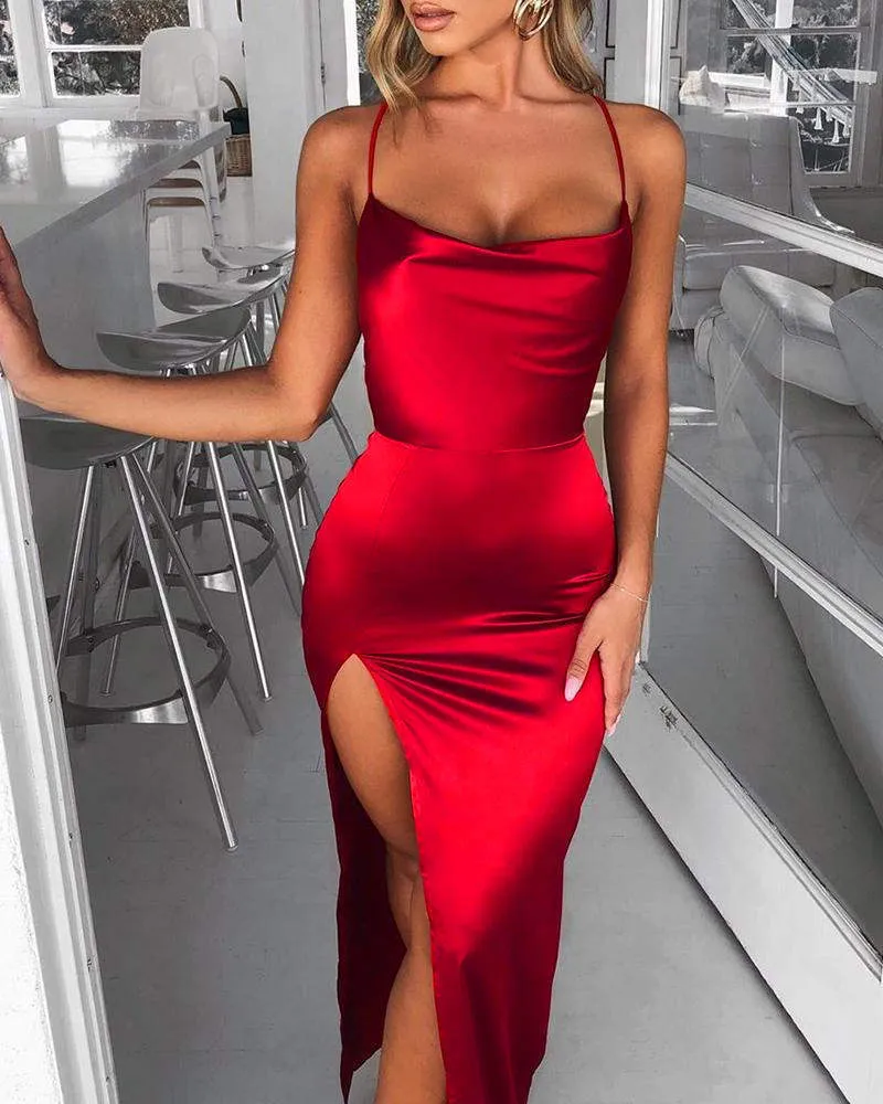 Красные атласные женщины BodyCon Летние сексуальные платья вечеринка ночной клуб носить высокий щель Maxi платье Vestidos T200707