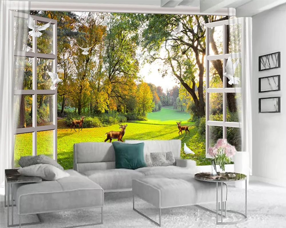 3Dモダンな壁紙3D写真の壁紙壁画の外の美しい森の風景窓の居間の寝室テレビの背景の壁の壁紙
