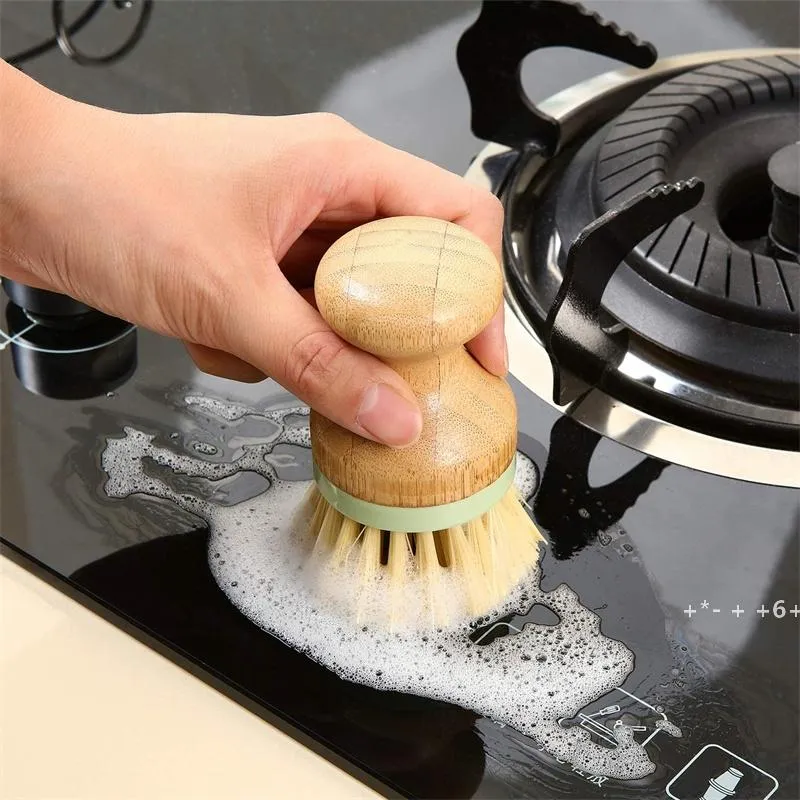 Bamboo Wood Round Mini Palm Scrub Brush Stiff Bristles Wet Cleaning Wash Dishes Pots Pans Vegetables Brushes RRE12698