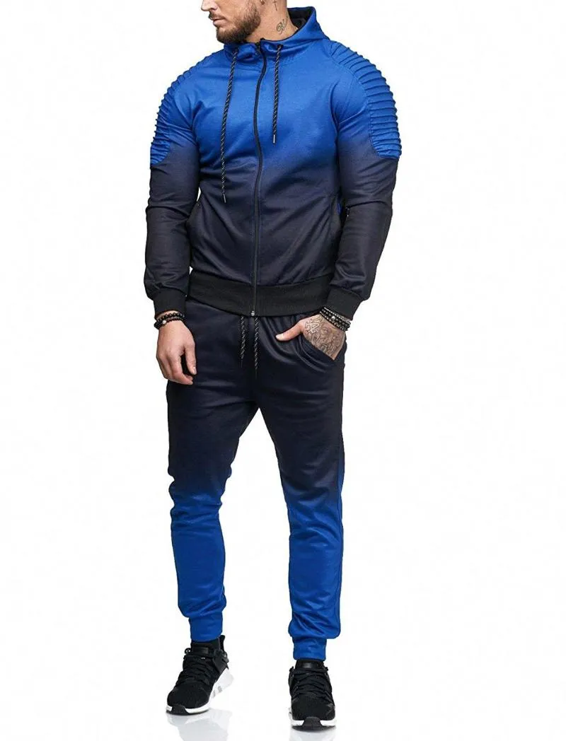 Unisex Mens Hoodie Tracksuit 2 조각 세트 그라디언트 컬러 후드 남자 스웨터 자켓 및 바지 운동복 남자 세트