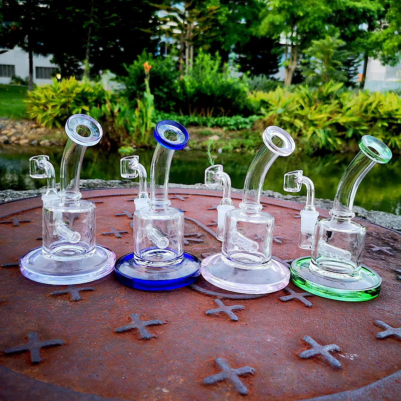 Unika Bongs Högkvalitativa oljedämpare Mini Inline Perc 14mm Joint Lila Grön Blå Glas Tjock Bongs med 4mm Quartz Banger