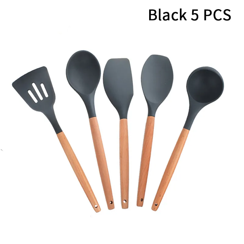 Ensemble d'ustensiles de cuisine en Silicone, spatule antiadhésive noire,  manche en bois, avec boîte de