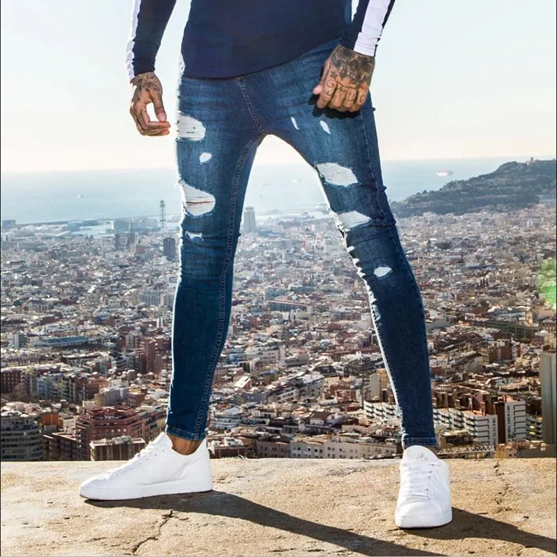 Jeans Masculinos Mens Color Sólido 2021 Moda Slim Pencil Calças Sexy Casual Buraco Rasgado Design Homens Streetwear Hip Hop