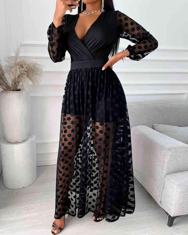 Women`s Clothing Spring Polkadot Print Wrap Long Sleeve Maxi Dress See Through Party Wedding Formal Elegant Boho V Neck 220208