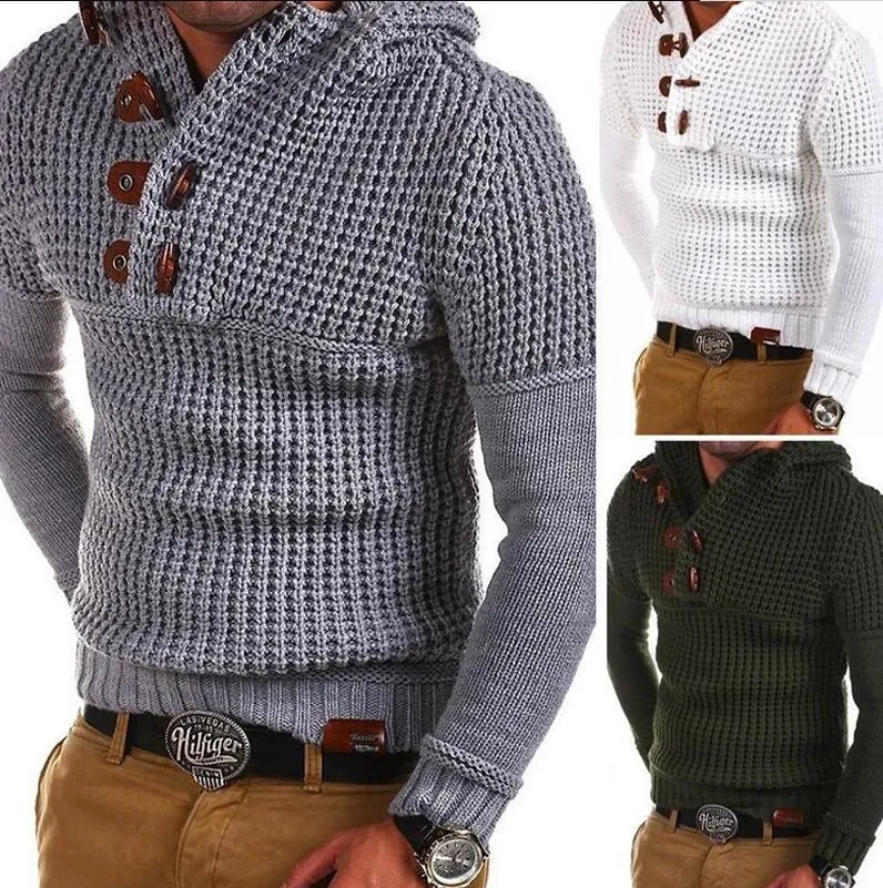 2021 new men's long-sleeved bottoming shirt sweater oblique button horn button male sweater