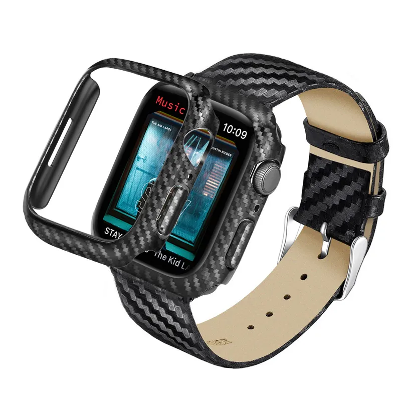 För Apple Watch Series 7 6 5 4 3 Äkta läder Carbon Fiber Wrist Band Strap Armband + PC-fodral