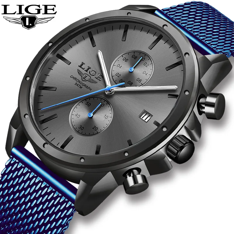 2020 New LIGE Hommes Montres En Acier Inoxydable Montre Étanche Hommes Top Marque De Luxe Horloge À Quartz Mode Homme Montres D'affaires + Boîte LJ201124