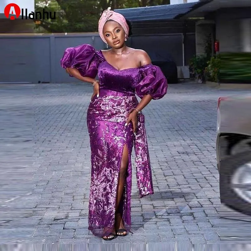 NIEUWE! ASO EBI Style Off Shoulder Prom Dresses 2022 Purple Lace Sexy Front Split Plus Size Afrikaanse Dames Formele Avond Gelegenheid Jurken