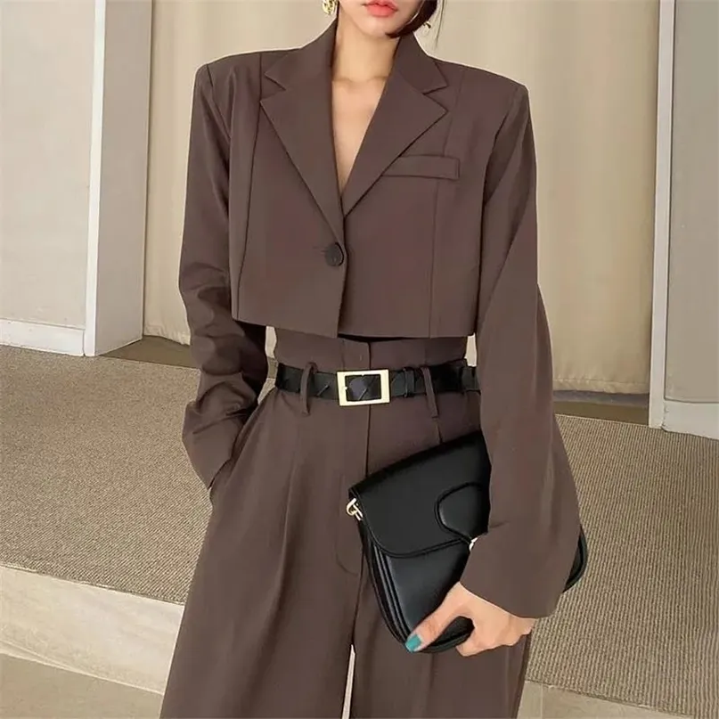 Korea chique vrouwen sets mode kantoor twee stuk pak revers losse one-button bijgesneden blazers + hoge taille lange brede beenbroek 220315