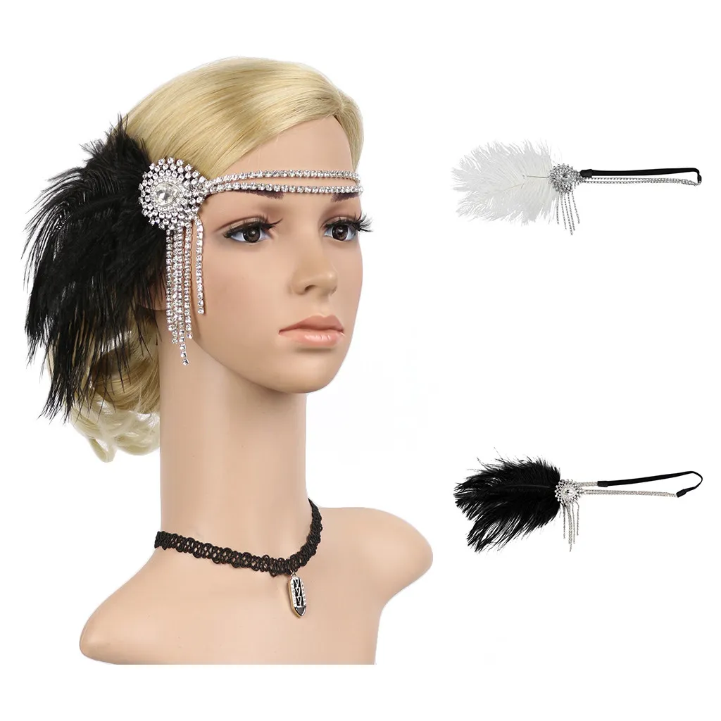 Fasce per capelli da donna vintage con strass eleganti in piuma, copricapo, cappello, moda, fiore, cappello da festa, fascia per capelli