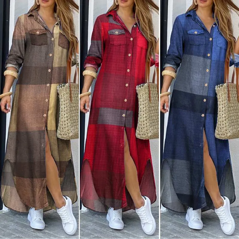 Vintage Check Shirt Dress Women's Autumn Sundress ZANZEA Casual Button Down Maxi Vestidos Female Lapel Robe Femme Plus Size 5XL Y0118