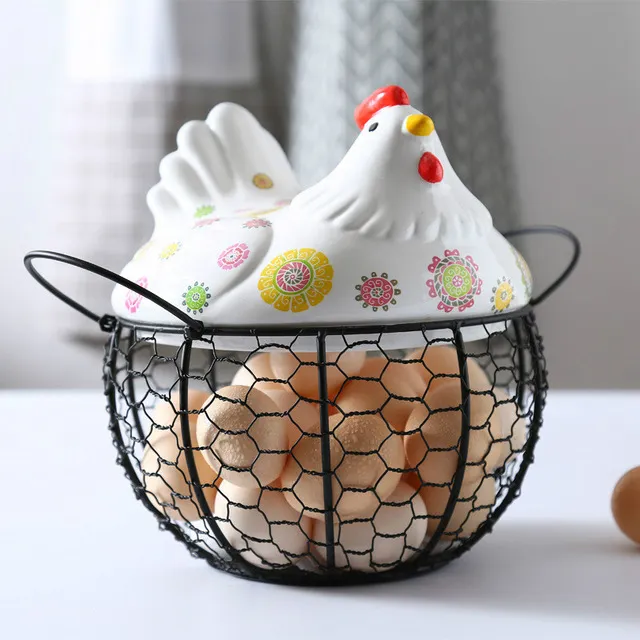 Egg Basket Chicken Decor Mesh Wire Egg Storage Basket with Ceramic Chicken  Lid, Farmhouse Egg Holder for Refrigerator Egg Baskets for Fresh Eggs Pink