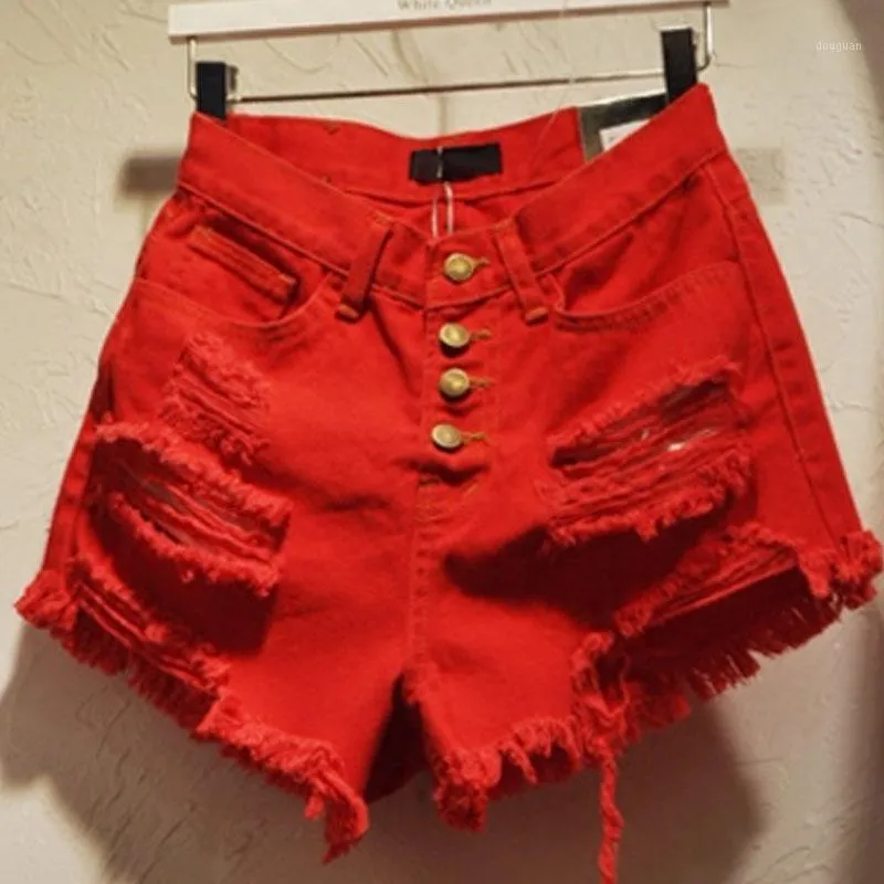 Dames jeans Mapusitom Mode Gaten Gescheurde Shorts voor Womens Plus Size Single Breasted Red Denim Burr Ladies Bermudas S-XL1